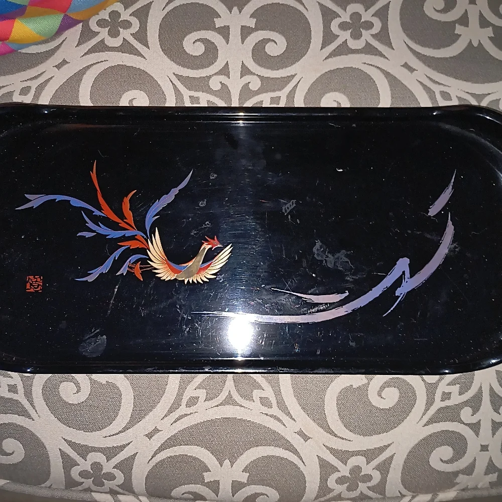 Black Lacquer Asian Bird vintage Vanity Tray